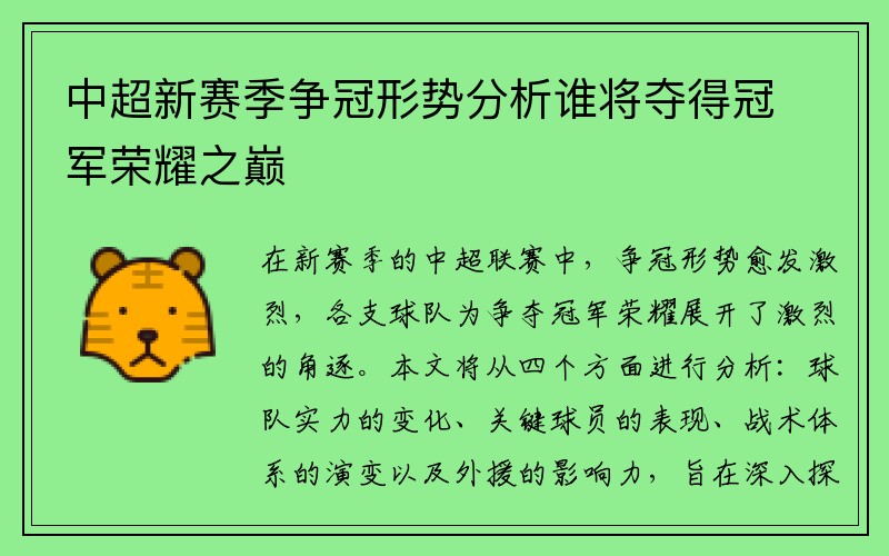 中超新赛季争冠形势分析谁将夺得冠军荣耀之巅